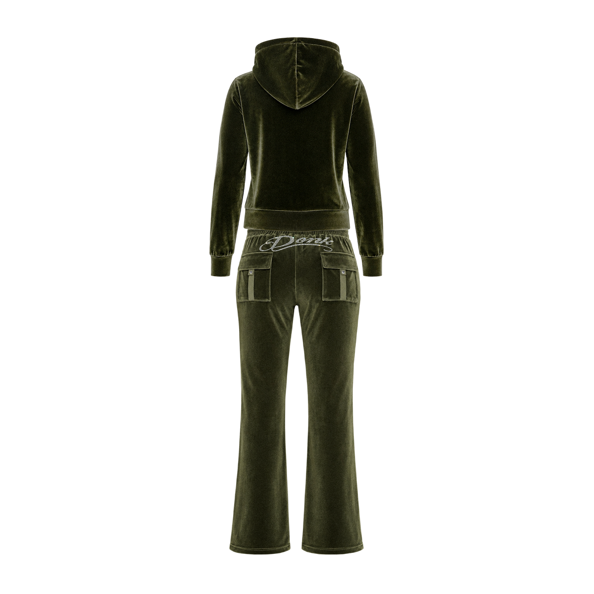 Donk olive green velour tracksuit, back view with the Donk script across the waistband