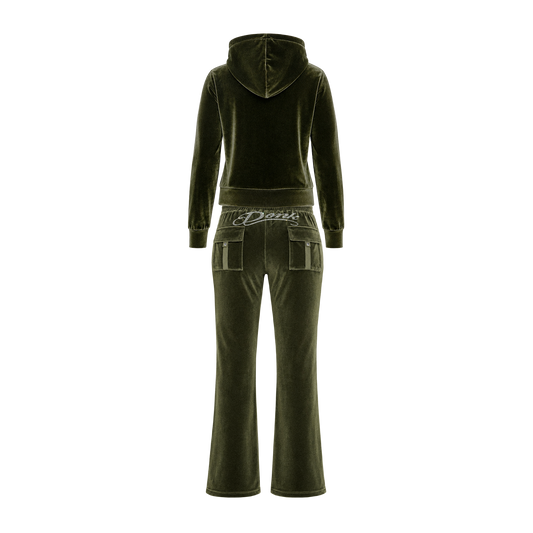 Donk olive green velour tracksuit, back view with the Donk script across the waistband