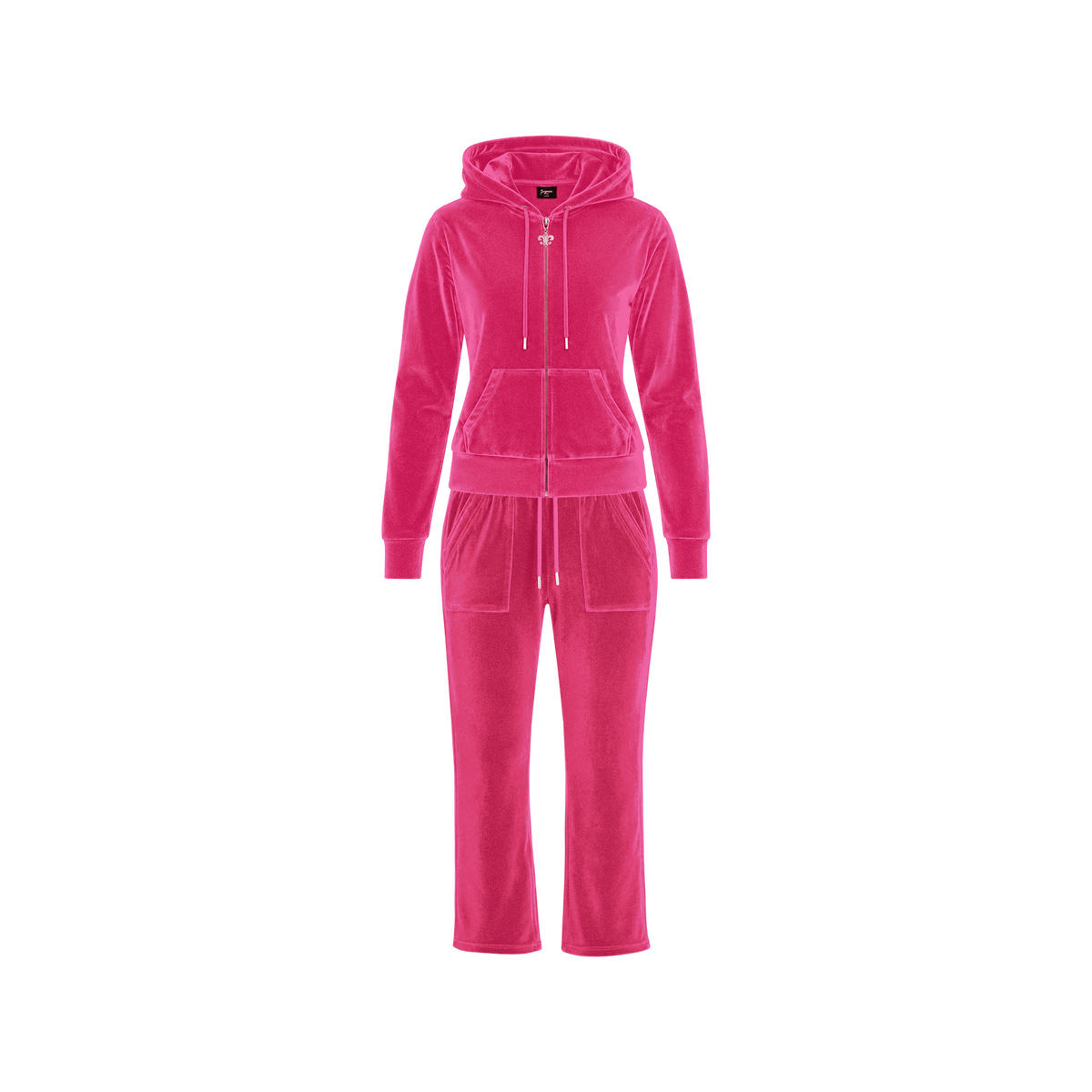 Beyoncé Donk capri tracksuit in hot pink velour, matching zip hoodie and track pants, front