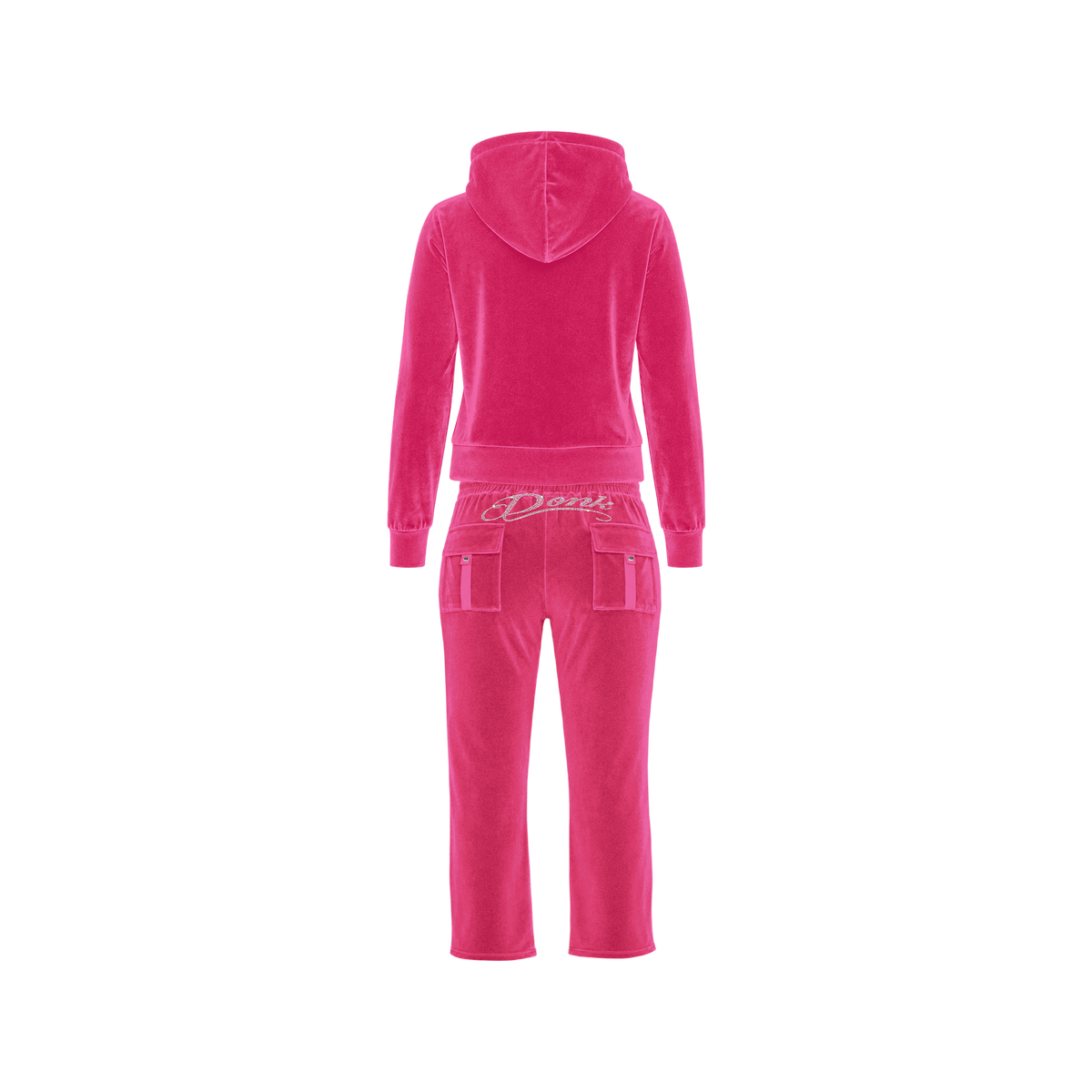 Donk hot pink velour capri tracksuit, back view with the Donk script across the waistband
