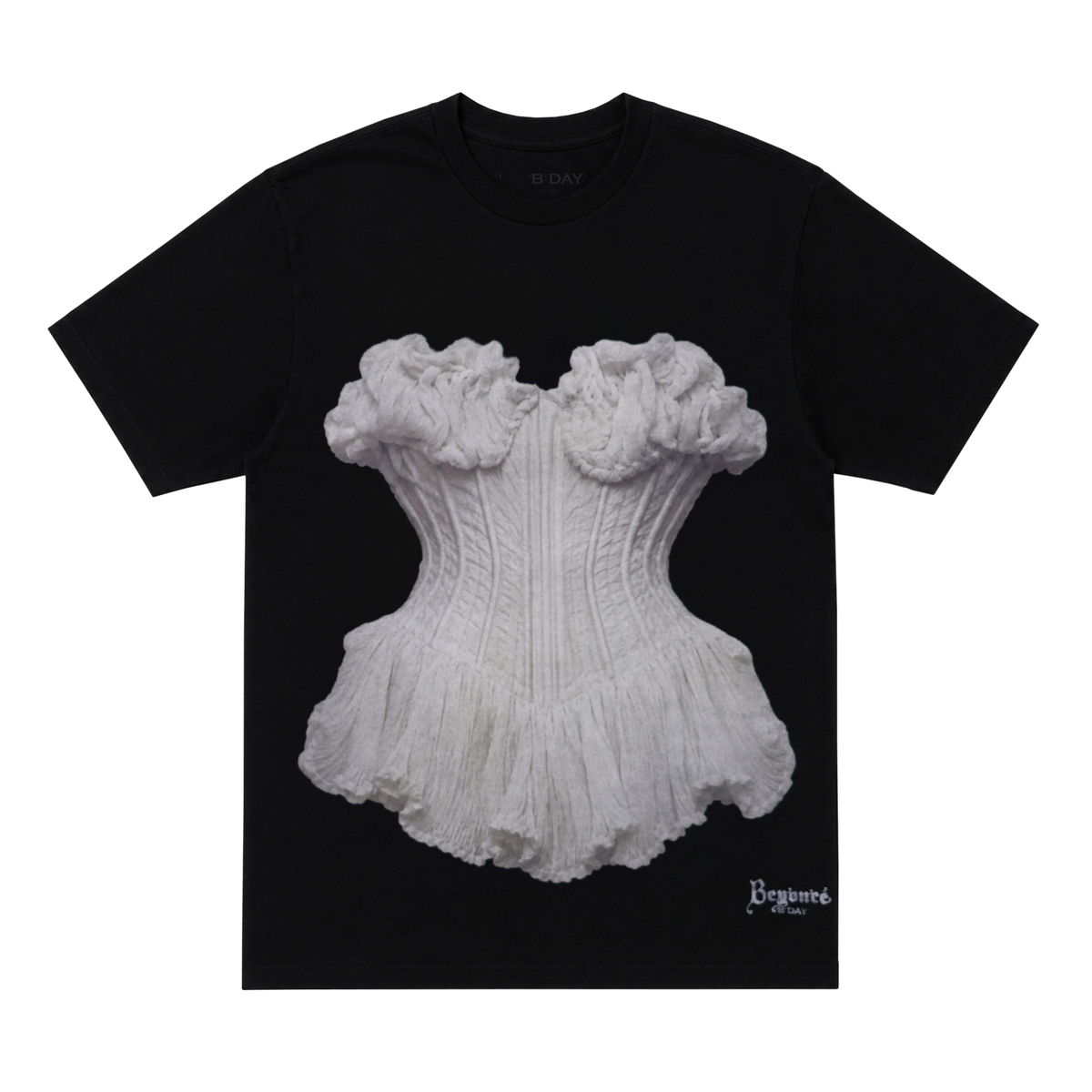 Beyoncé B'DAY Flaws And All t-shirt in black, front photo print of a white ruffled corset