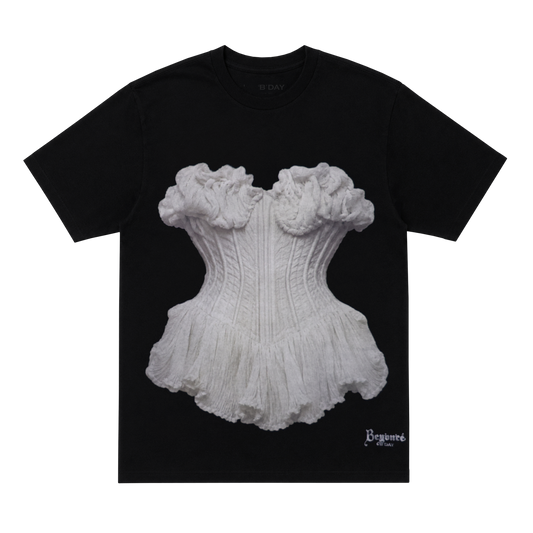 Beyoncé B'DAY Flaws And All t-shirt in black, front photo print of a white ruffled corset