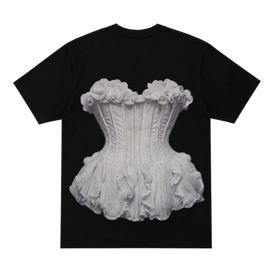 B'DAY Flaws And All black t-shirt, back view of the ruffled corset photo print