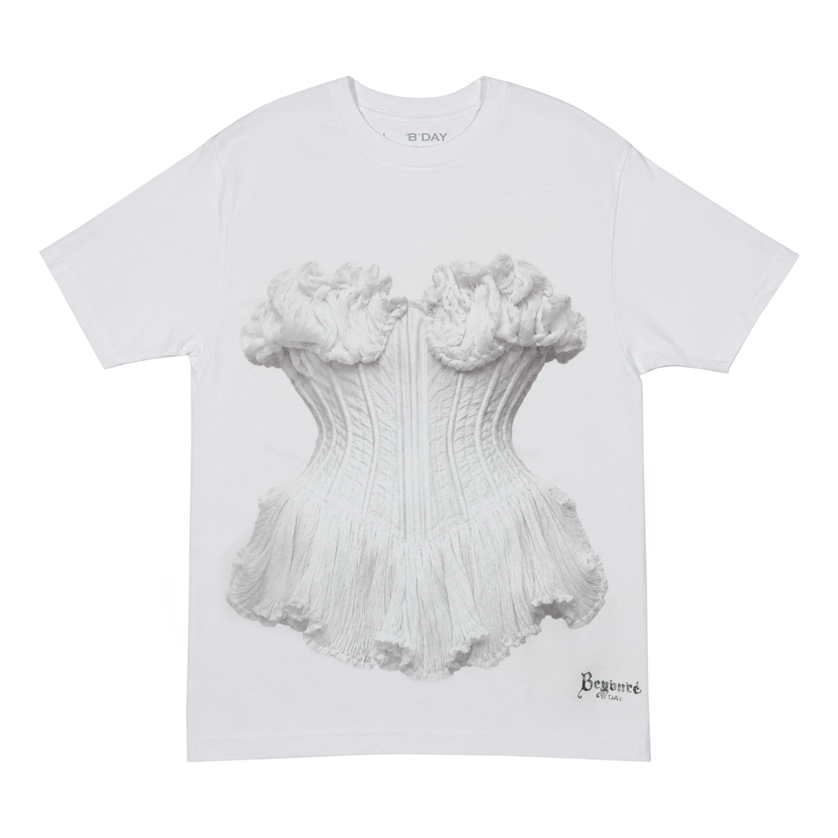 Beyoncé B'DAY Flaws And All t-shirt in white, front photo print of a white ruffled corset