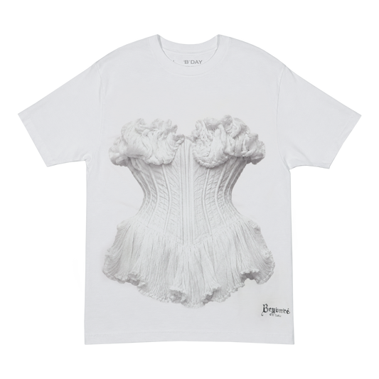 Beyoncé B'DAY Flaws And All t-shirt in white, front photo print of a white ruffled corset