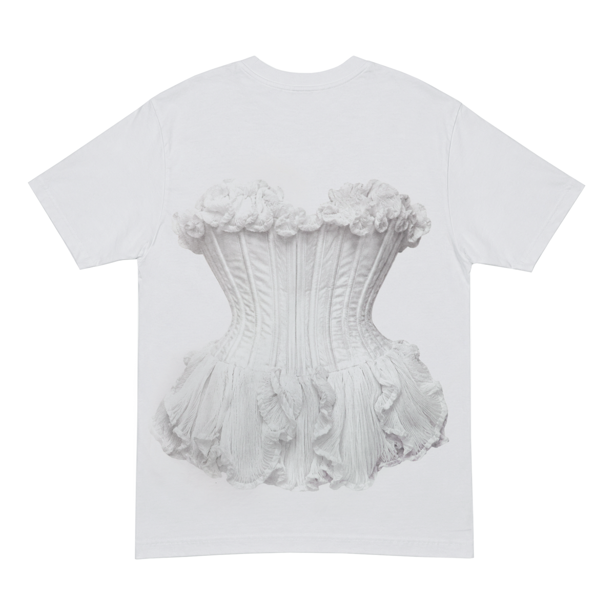 B'DAY Flaws And All white t-shirt, back view of the ruffled corset photo print