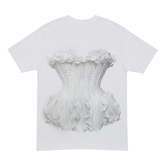 B'DAY Flaws And All white t-shirt, back view of the ruffled corset photo print