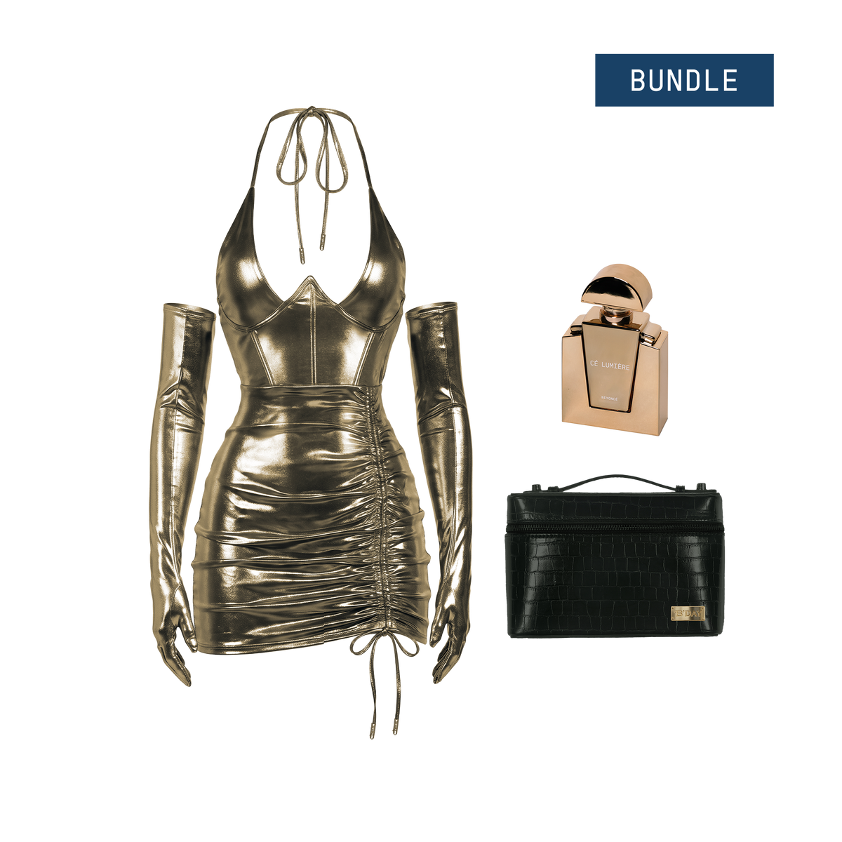 Beyoncé Freakum bundle, gold metallic ruched mini dress and opera gloves with perfume and black croc bag