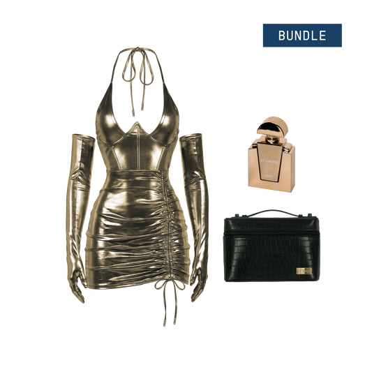 Beyoncé Freakum bundle, gold metallic ruched mini dress and opera gloves with perfume and black croc bag