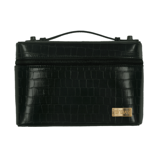 Beyoncé Freakum cosmetic bag in black, croc embossed vanity case with top handle and gold plate