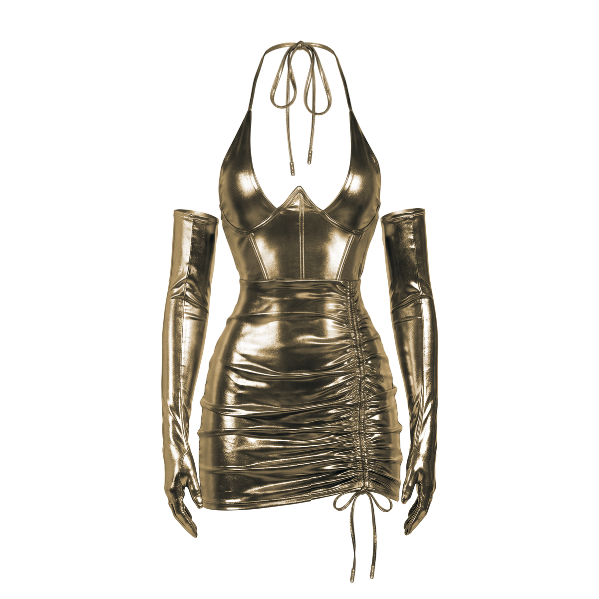 Beyoncé B'DAY Freakum dress in gold, metallic ruched halter mini dress with matching opera gloves