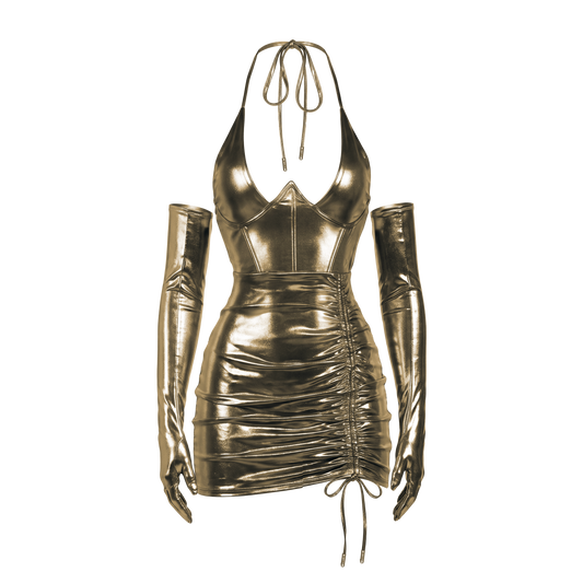 Beyoncé B'DAY Freakum dress in gold, metallic ruched halter mini dress with matching opera gloves