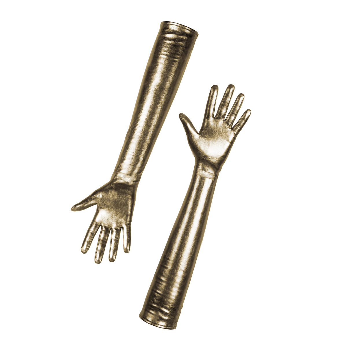 B'DAY Freakum opera gloves in gold, pair of metallic gold elbow length gloves