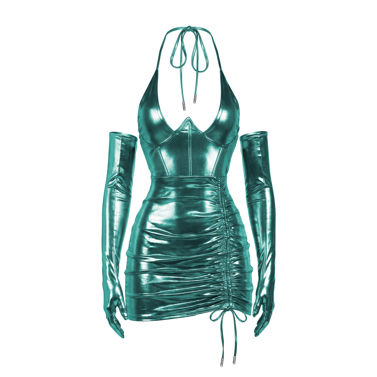 Beyoncé B'DAY Freakum dress in green, teal metallic ruched halter mini dress with matching opera gloves