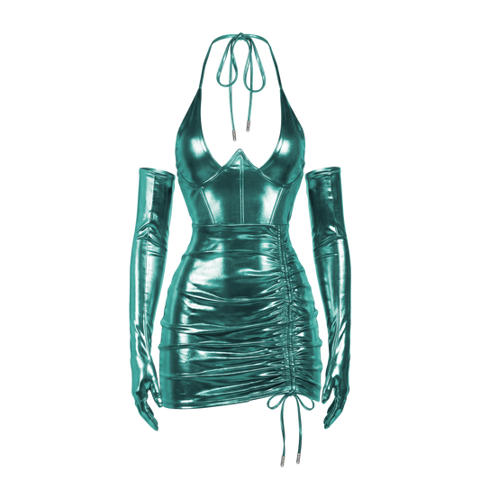 Beyoncé B'DAY Freakum dress in green, teal metallic ruched halter mini dress with matching opera gloves