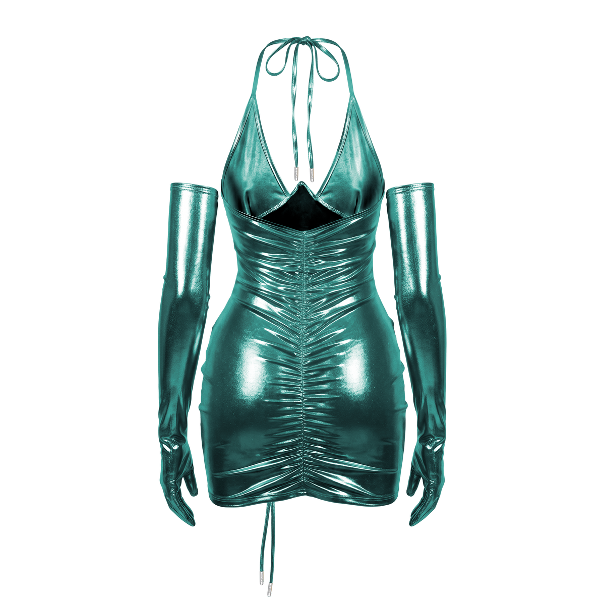 B'DAY Freakum green set, ruched teal metallic mini dress laid out with long opera gloves