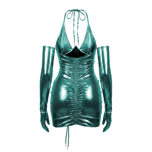 B'DAY Freakum green set, ruched teal metallic mini dress laid out with long opera gloves