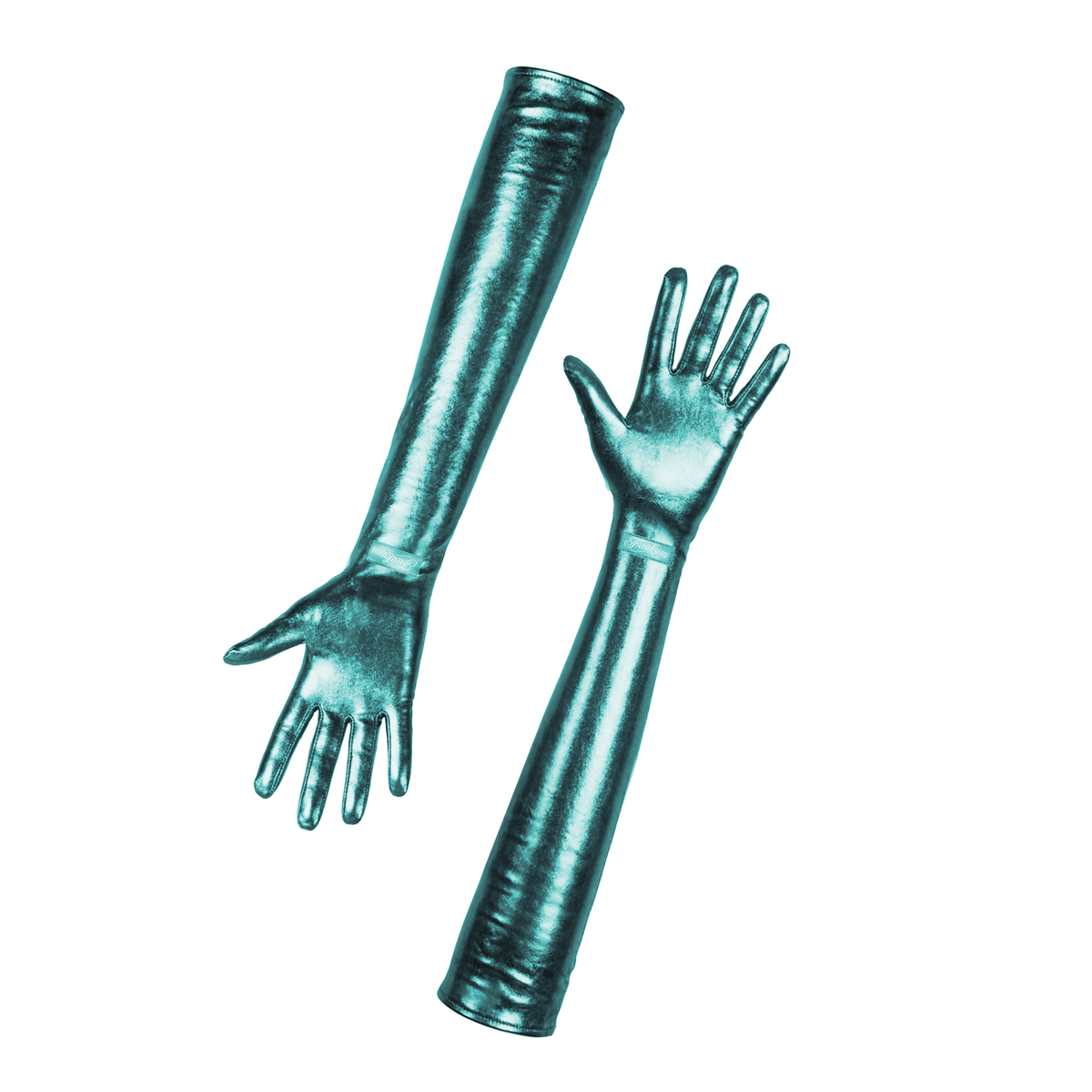 B'DAY Freakum opera gloves in green, pair of teal metallic elbow length gloves