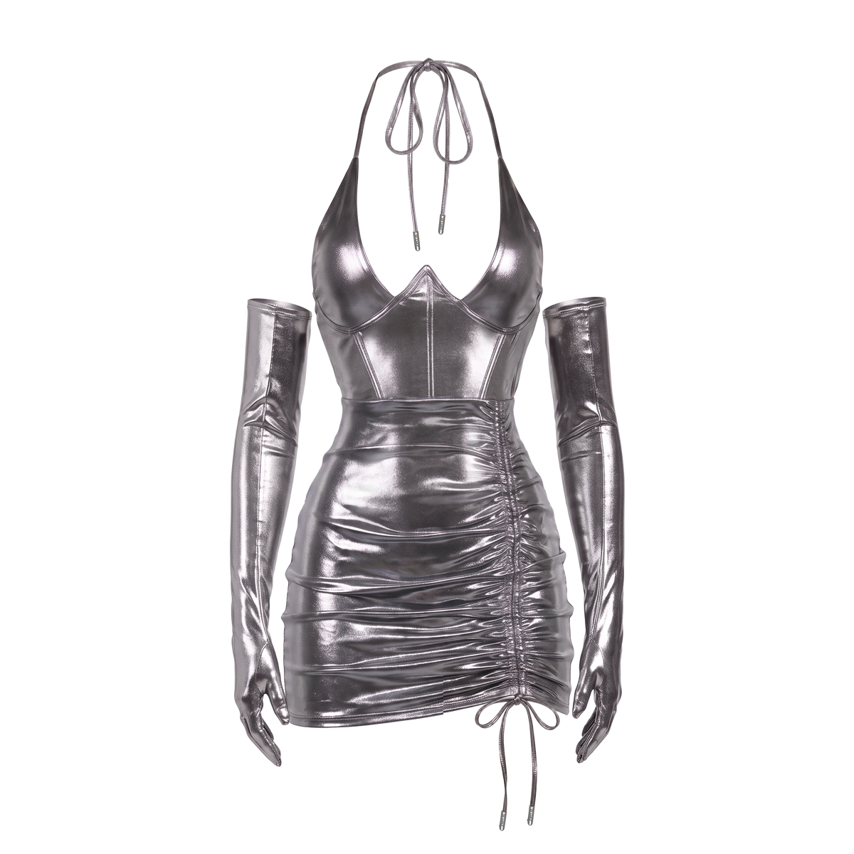 Beyoncé B'DAY Freakum dress in silver, metallic ruched halter mini dress with matching opera gloves