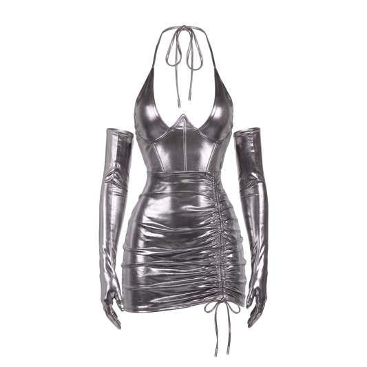 Beyoncé B'DAY Freakum dress in silver, metallic ruched halter mini dress with matching opera gloves