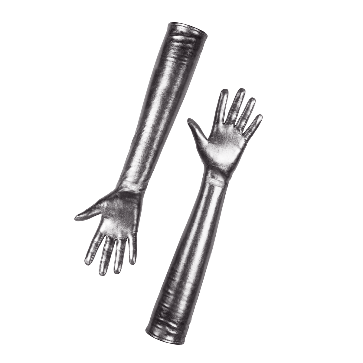 B'DAY Freakum opera gloves in silver, pair of metallic silver elbow length gloves