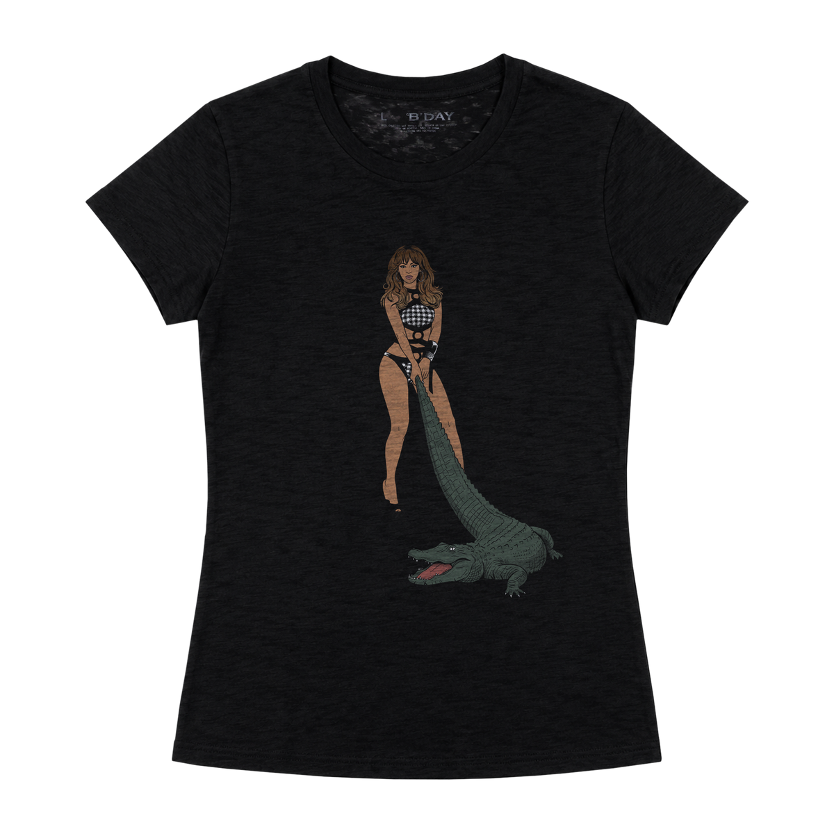 Beyoncé B'DAY Deluxe vintage t-shirt in black, front photo print of Beyoncé beside an alligator