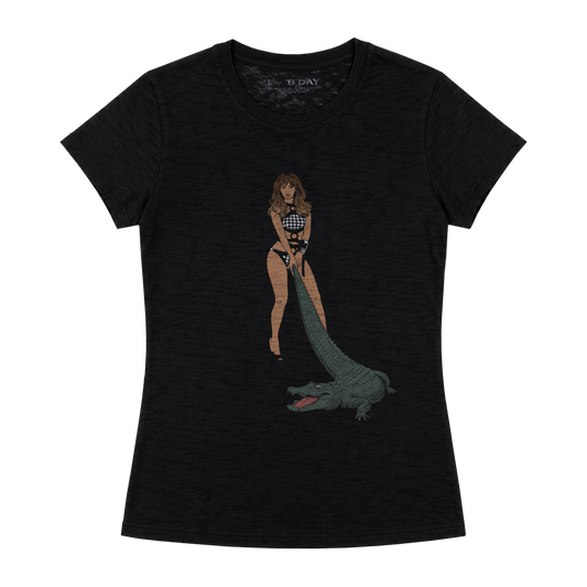Beyoncé B'DAY Deluxe vintage t-shirt in black, front photo print of Beyoncé beside an alligator