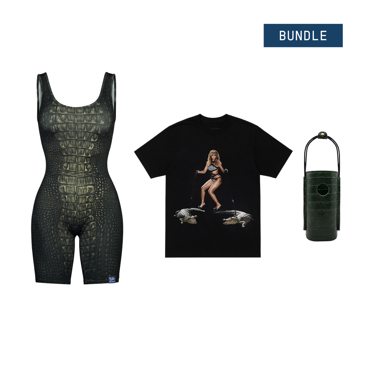 Beyoncé Gator B bundle, black croc textured playsuit with photo print t-shirt and green leather bottle carrier