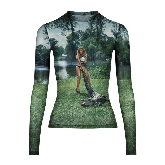 Beyoncé B'DAY Deluxe mesh top, sheer long sleeve tee with the all over lawnmower album photo print