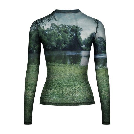 B'DAY Deluxe mesh long sleeve top, back view of the all over green landscape photo print