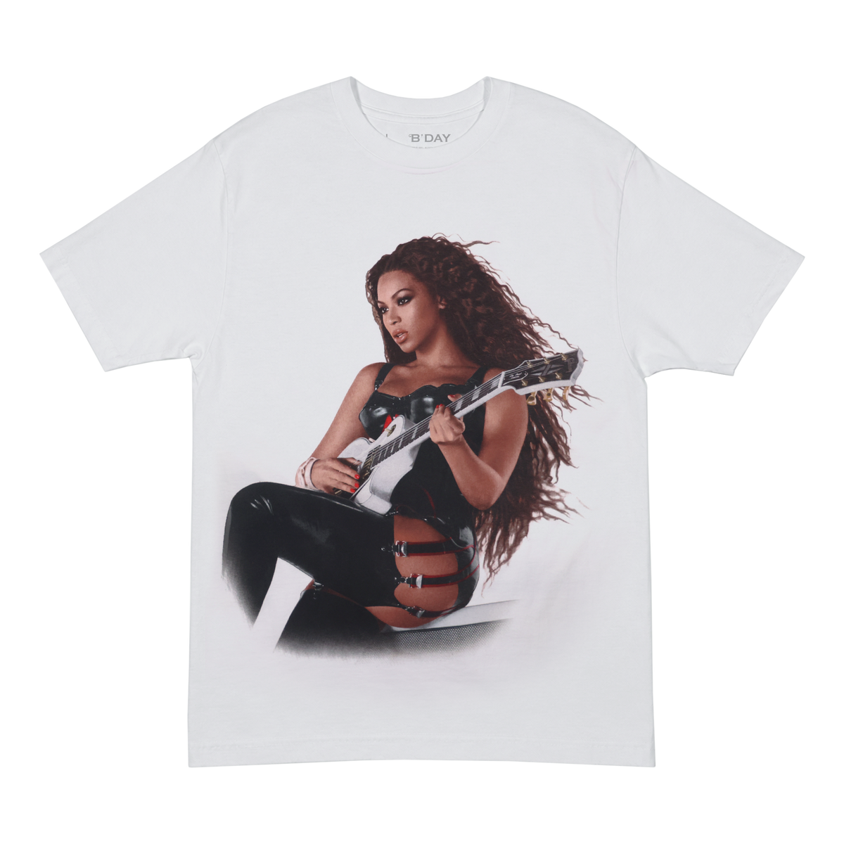 Beyoncé B'DAY Green Light white t-shirt, front photo print of Beyoncé seated with a white electric guitar