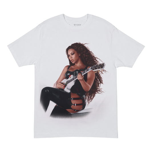 Beyoncé B'DAY Green Light white t-shirt, front photo print of Beyoncé seated with a white electric guitar