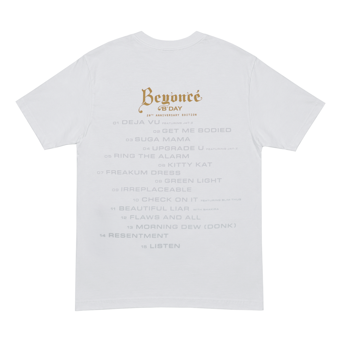 B'DAY Green Light white t-shirt back, B'DAY script above the album tracklist in gold