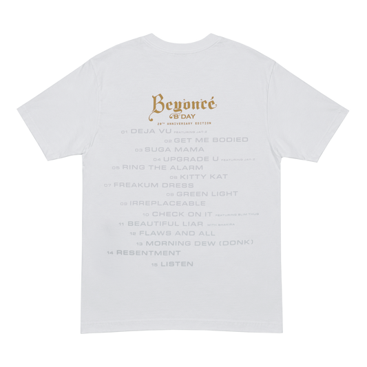 B'DAY Green Light white t-shirt back, B'DAY script above the album tracklist in gold