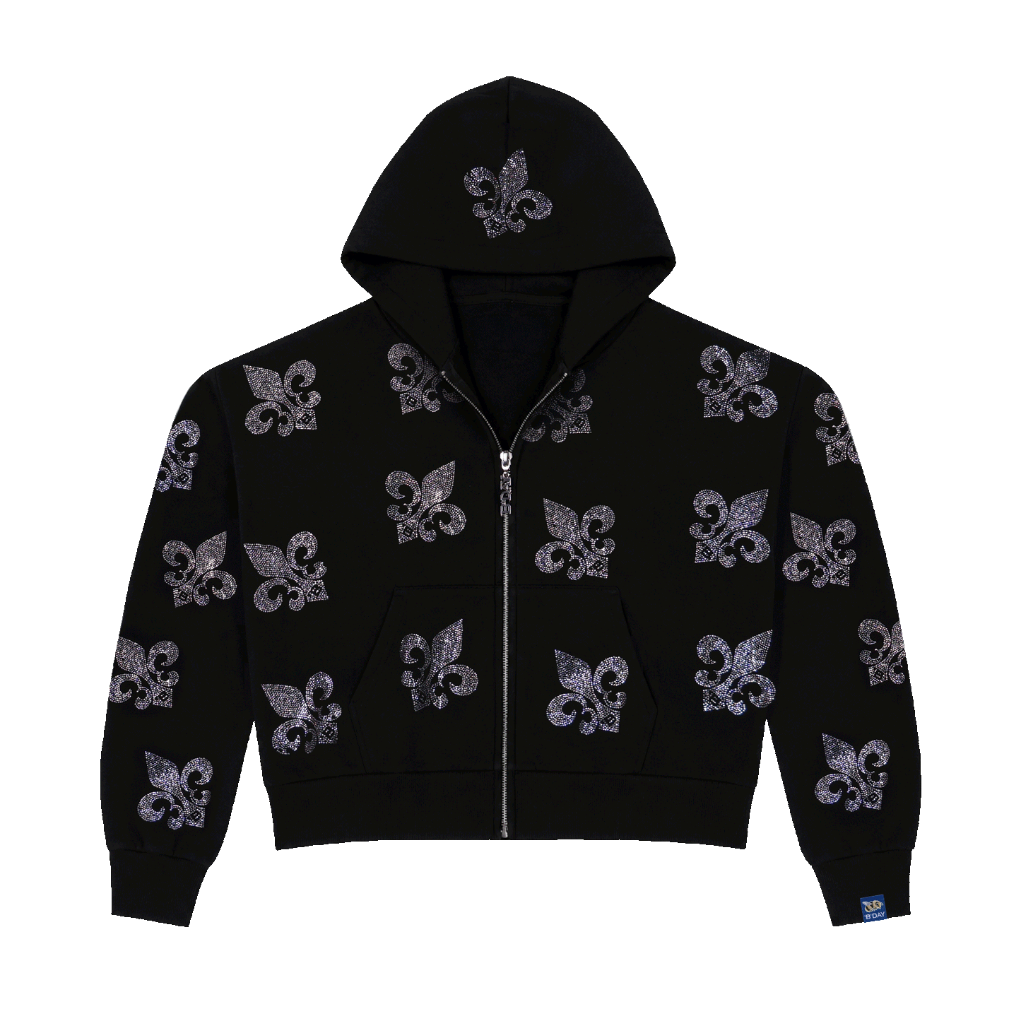 Beyoncé Irreplaceable cropped zip hoodie in black, all over crystal set fleur de lis motifs, front