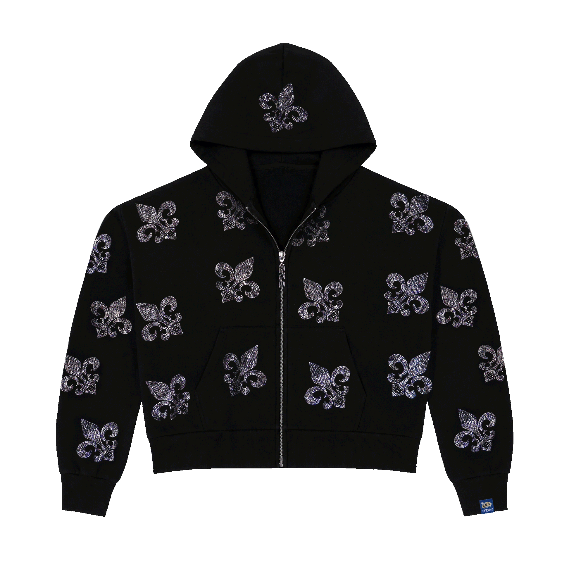 Beyoncé Irreplaceable cropped zip hoodie in black, all over crystal set fleur de lis motifs, front