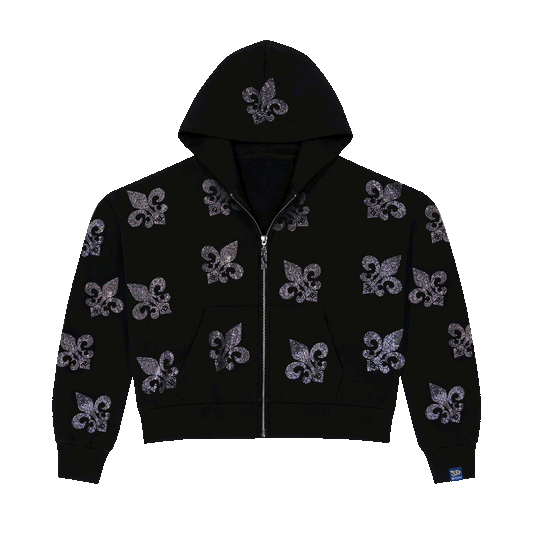Beyoncé Irreplaceable cropped zip hoodie in black, all over crystal set fleur de lis motifs, front