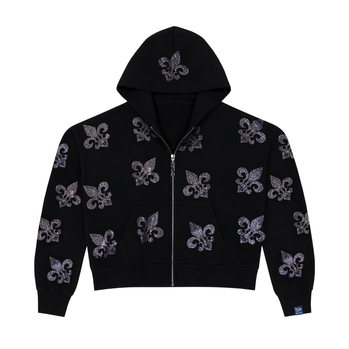 Irreplaceable black cropped crystal zip hoodie, full front view of the fleur de lis print