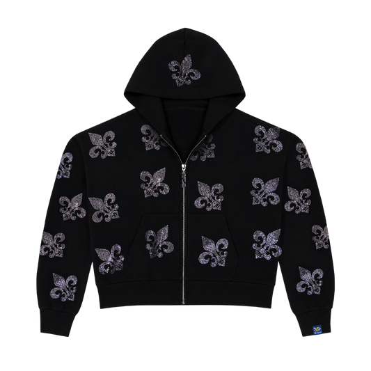 Irreplaceable black cropped crystal zip hoodie, full front view of the fleur de lis print
