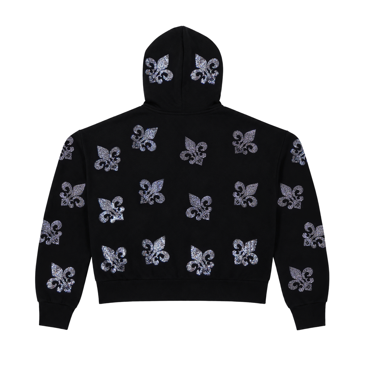 Irreplaceable black cropped zip hoodie, back with crystal fleur de lis across the shoulders