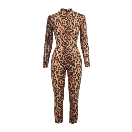 Beyoncé B'DAY Kitty Kat katsuit in leopard print, long sleeve full length mesh catsuit, front view