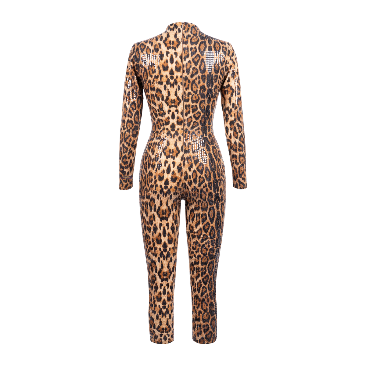 B'DAY Kitty Kat leopard print mesh katsuit, back view of the long sleeve catsuit