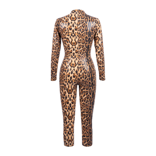 B'DAY Kitty Kat leopard print mesh katsuit, back view of the long sleeve catsuit