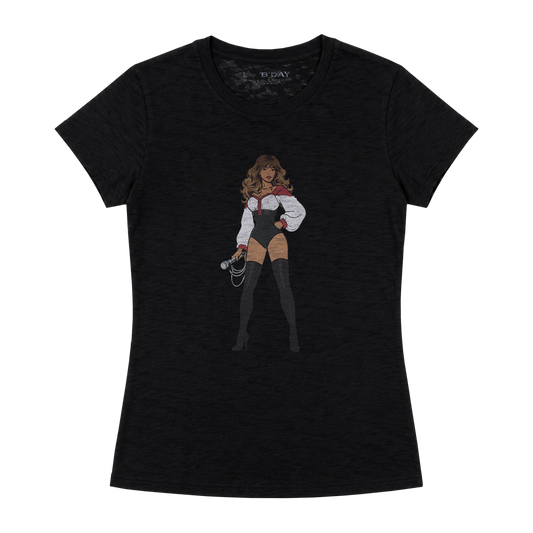 Beyoncé B'DAY Listen vintage t-shirt in black, front print of Beyoncé in a white shirt and corset