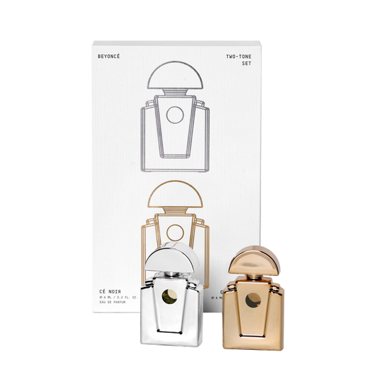 Beyoncé Two-Tone set, mini Cé Noir and Cé Lumière perfume bottles beside the printed outer card