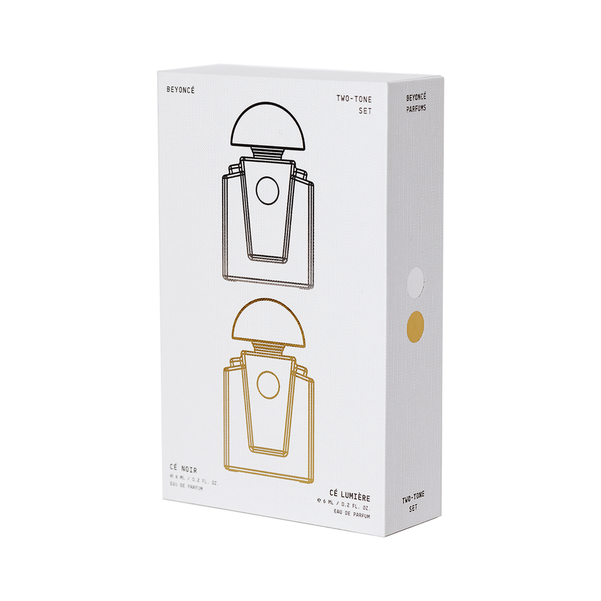 Two-Tone set carton, white box printed with the silver and gold bottle outlines
