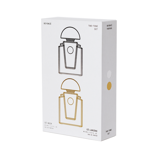 Two-Tone set carton, white box printed with the silver and gold bottle outlines