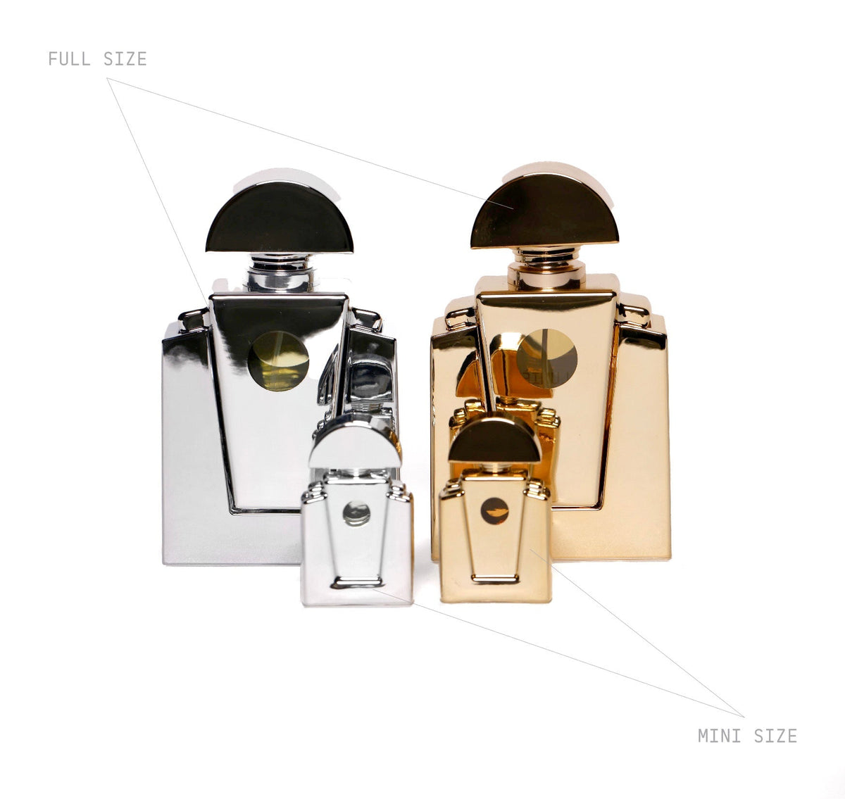 Two-Tone set size comparison, full size Cé Noir and Cé Lumière beside the mini bottles