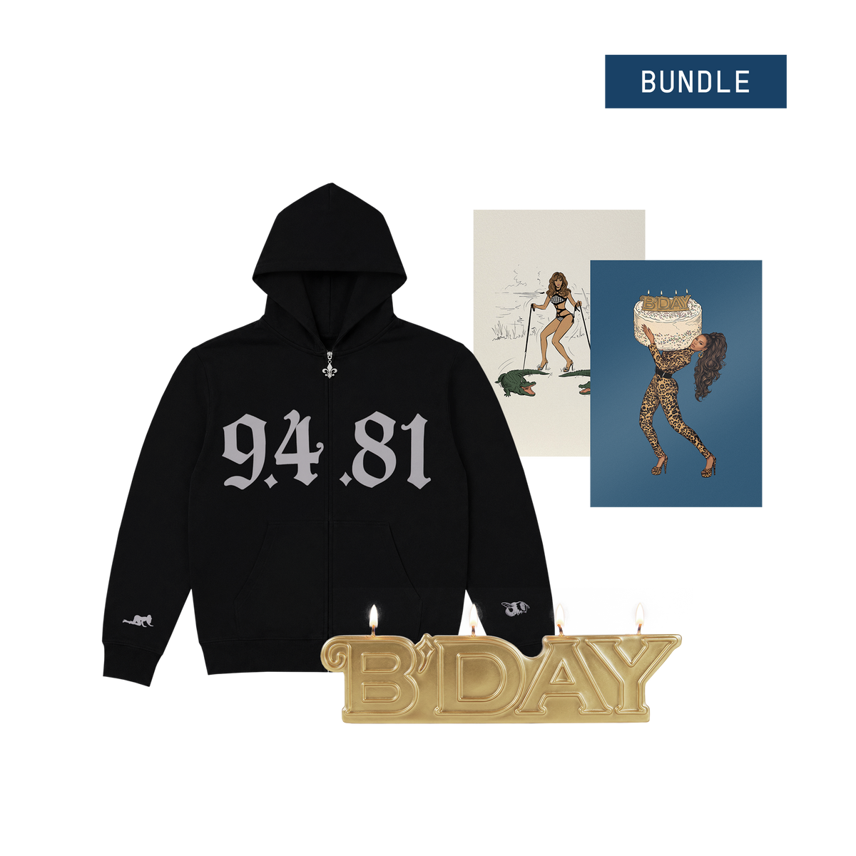 Beyoncé B'DAY 20 party pack, black 94.81 hoodie with two art prints and the gold B'DAY letter candle