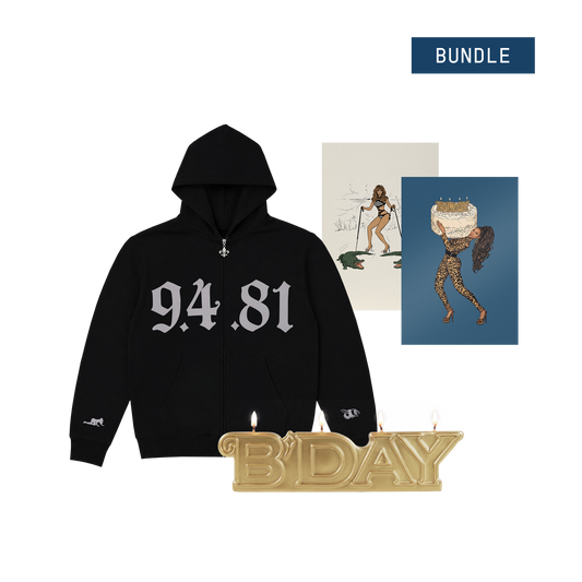 Beyoncé B'DAY 20 party pack, black 94.81 hoodie with two art prints and the gold B'DAY letter candle